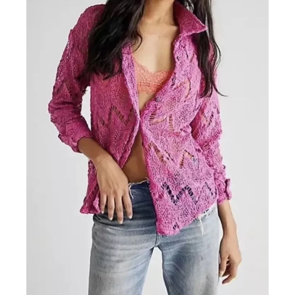 Free People NWOT Until Sundown Lace Button Down Shirt S - Picture 1 of 15